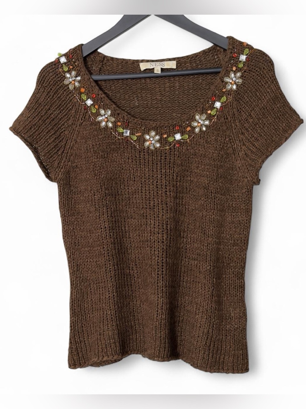 Ness Brown beaded knit top floral embroidery size S